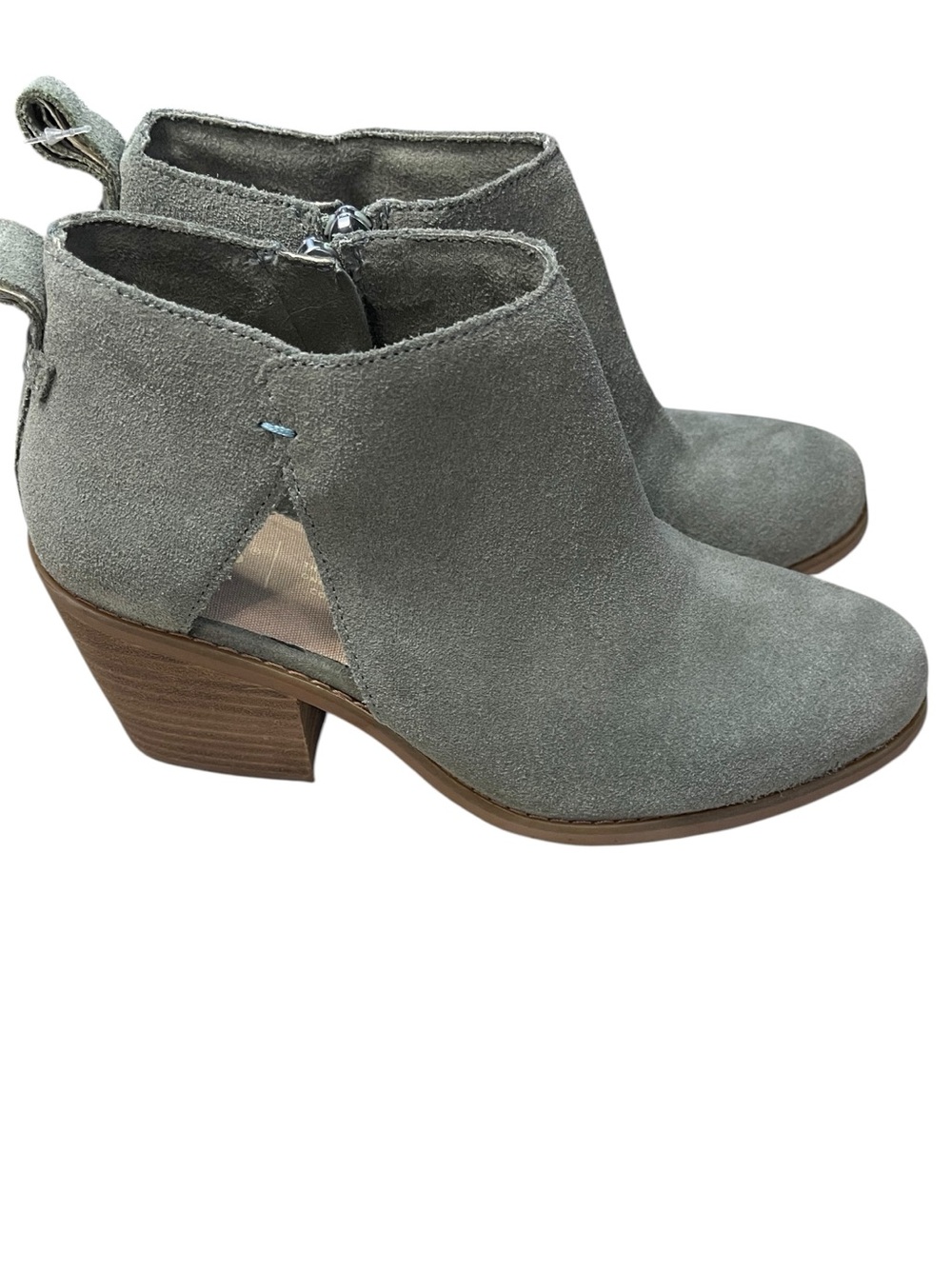 TOMS Ortholite Wmn Lea Vetiver Grey Suede Stacked Heel Booties 6.5 NWT
